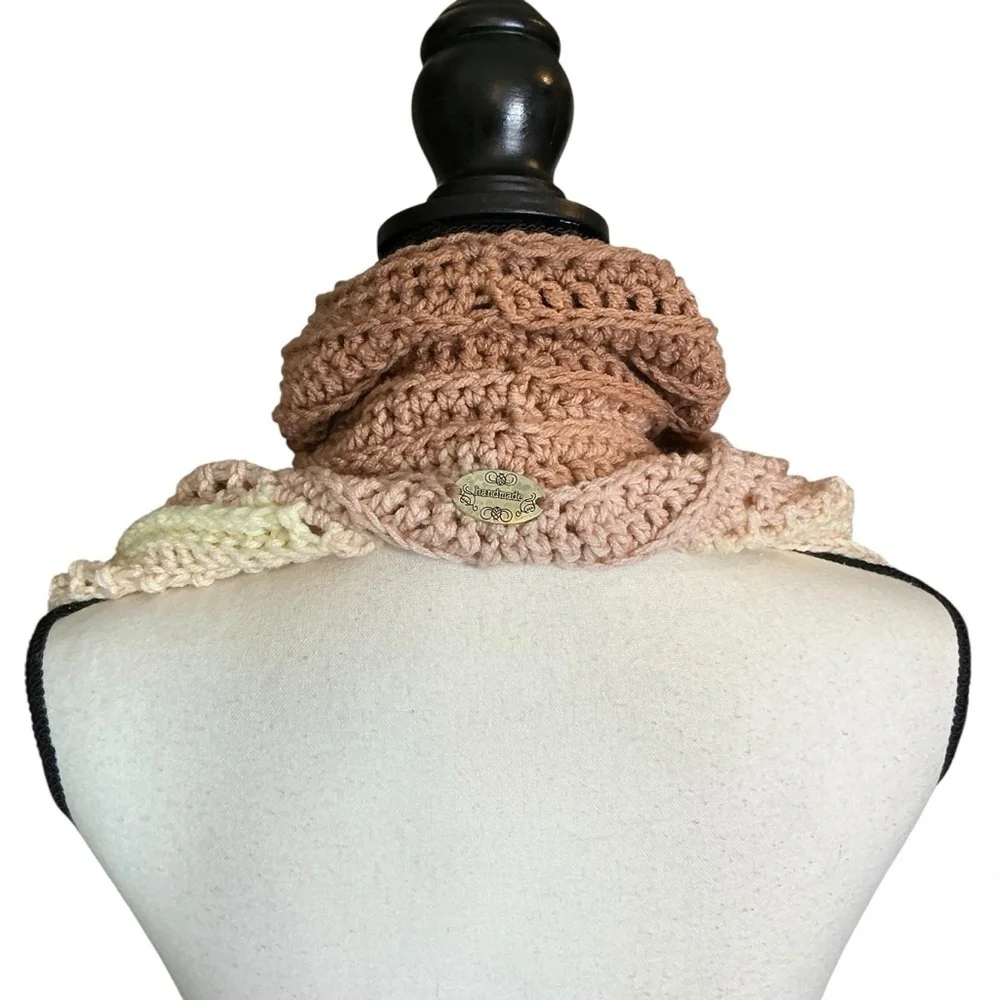 Hand Crafted‎ Crochet Turtle Neck Scarf in Beige and Cream with Fringe